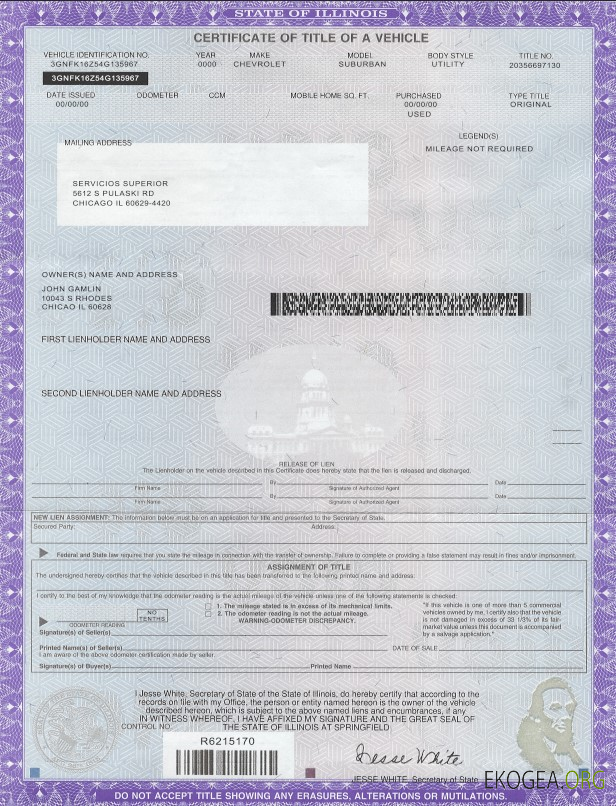 Certificat de titre de propriété de l'état de l'Illinois des États Unis d'un modèle de véhicule au format PSD